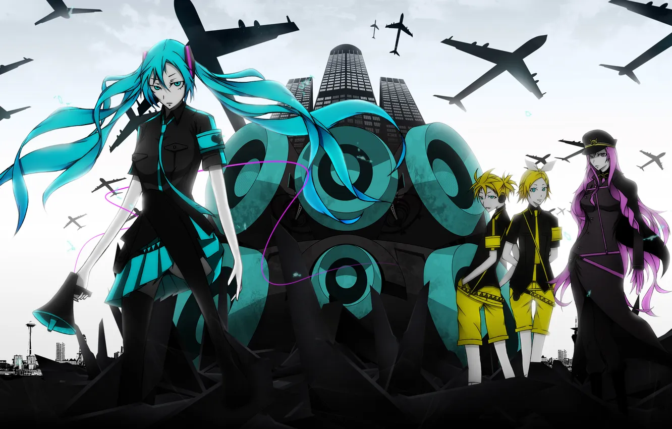 Фото обои город, девушки, здания, арт, самолеты, парень, Hatsune Miku, Vocaloid