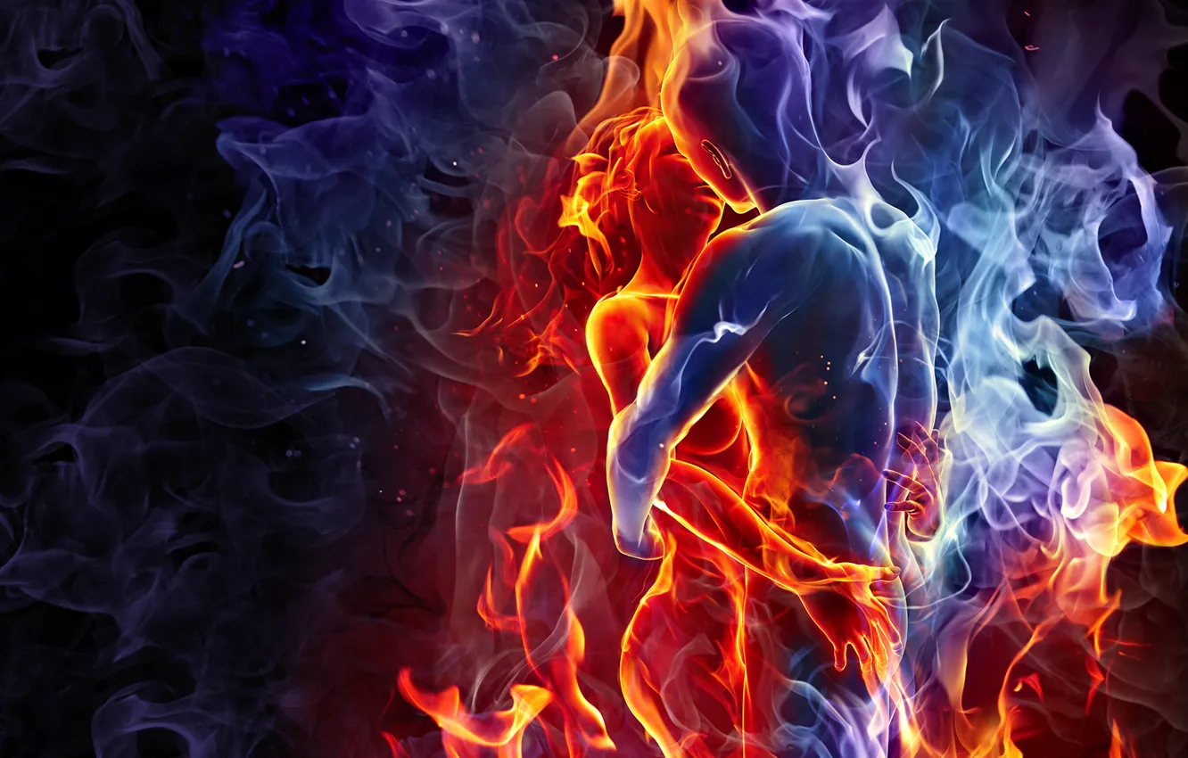 Фото обои цвета, девушка, дым, чувства, объятия, мужчина