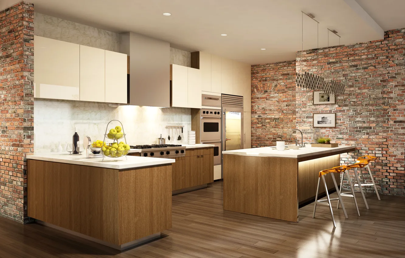 Фото обои стена, яблоки, мебель, кирпич, кухня, плита, особняк, design