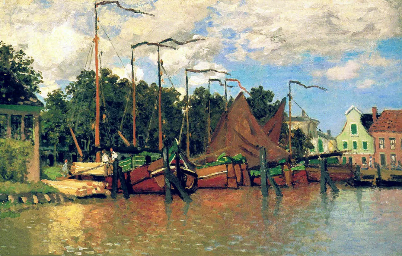 Фото обои пейзаж, картина, Клод Моне, Лодки в Зандаме
