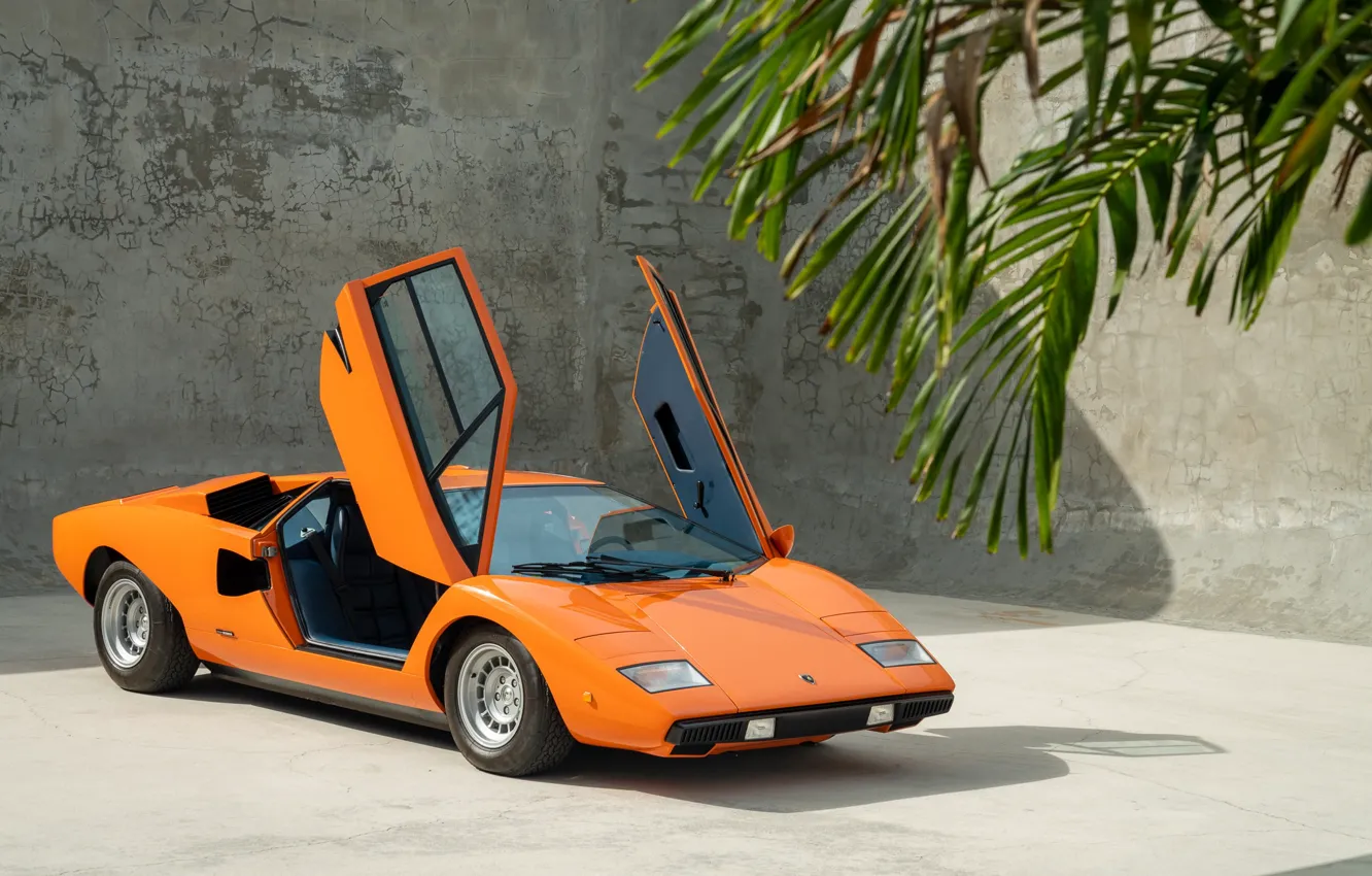 Фото обои оранжевый, ретро, Lamborghini, Countach, ламбо двери, Lamborghini Countach LP400, кунташ