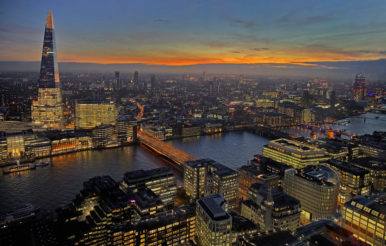 Фото обои огни, река, Англия, Лондон, башня, дома, панорама, Темза