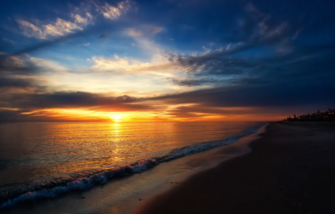 Фото обои море, пляж, солнце, закат, горизонт