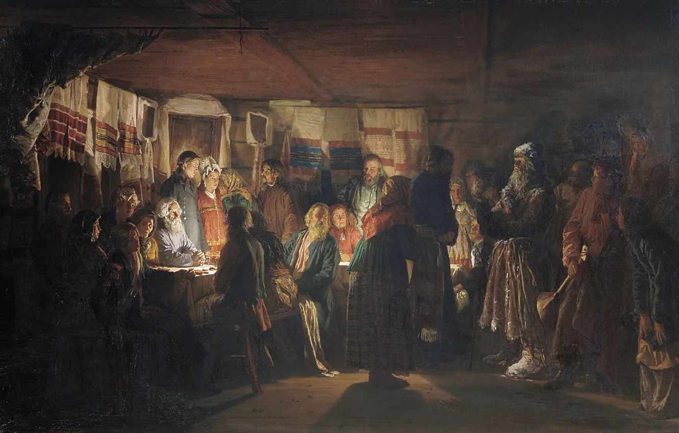 Фото обои масло, Холст, 1875, Василий МАКСИМОВ, Приход колдуна на крестьянскую свадьбу