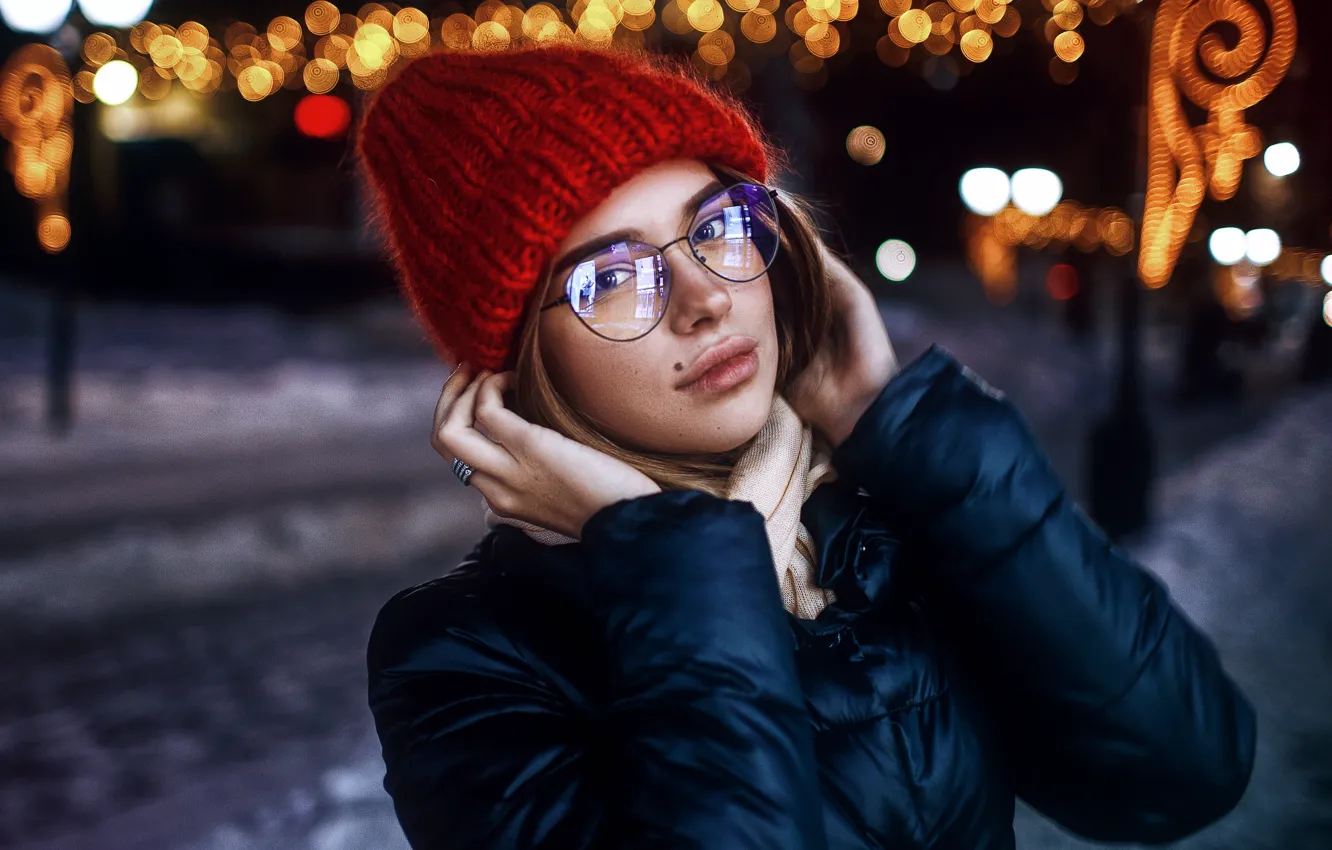 Фото обои зима, взгляд, модель, шапка, Девушка, очки, Сергей Сорокин, Люба Иванова