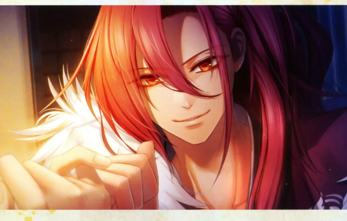 Фото обои улыбка, рука, рыжий, пальцы, красные волосы, shin, visual novel, белый мех