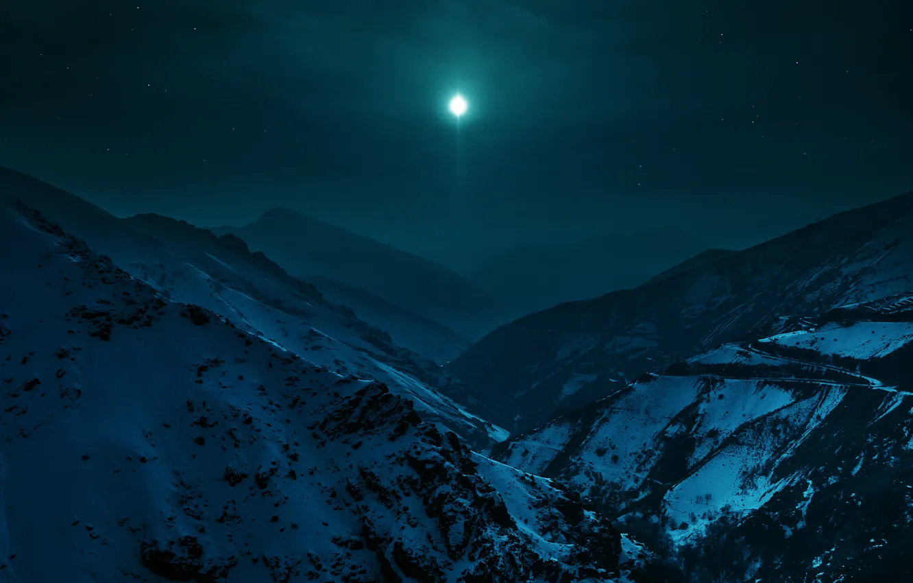 Фото обои снег, пейзаж, горы, ночь, луна, Iran, Alborz mountains, north of Tehran