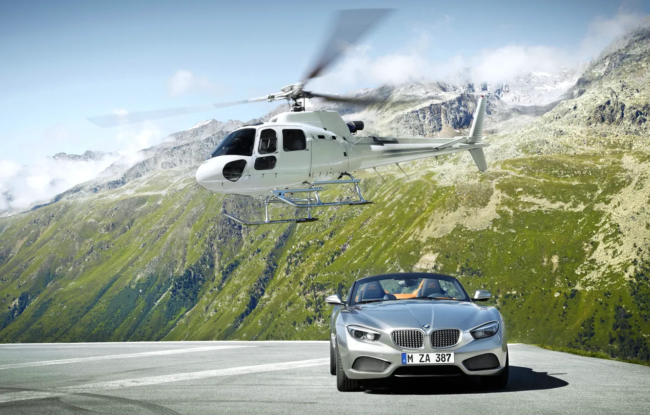 Фото обои Горы, Скалы, Белый, BMW, Кабриолет, Вертолет, Серый, БМВ