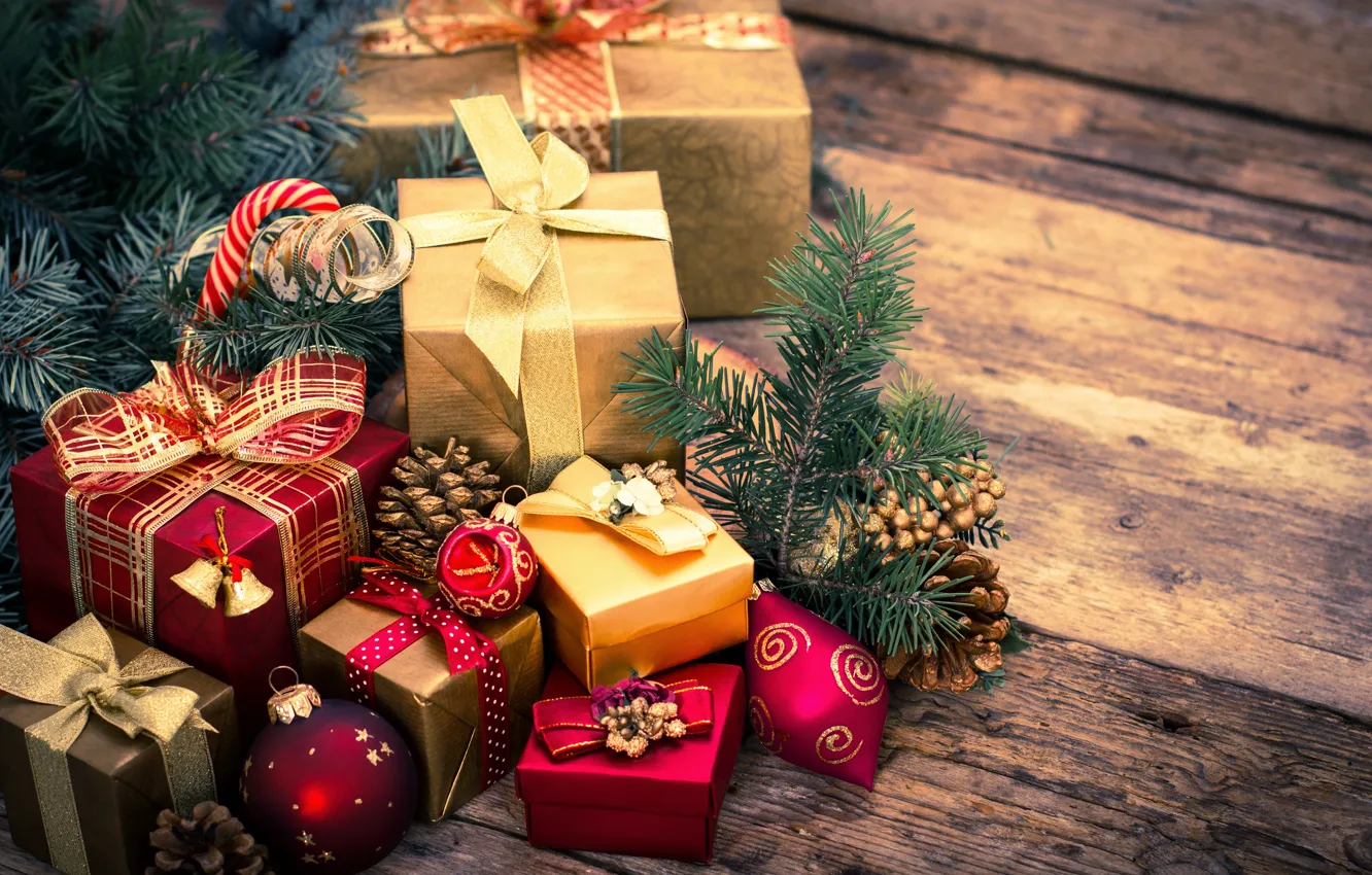 Фото обои украшения, игрушки, елка, подарки, Новый год, бант, Christmas, winter
