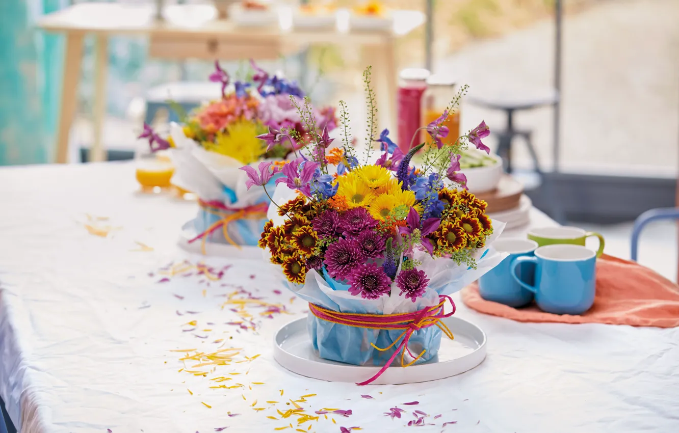 Фото обои Стол, Chrysanthemum, Хризантемы, Summer brunch, Floral design, Цветочный дизайн, Летний бранч