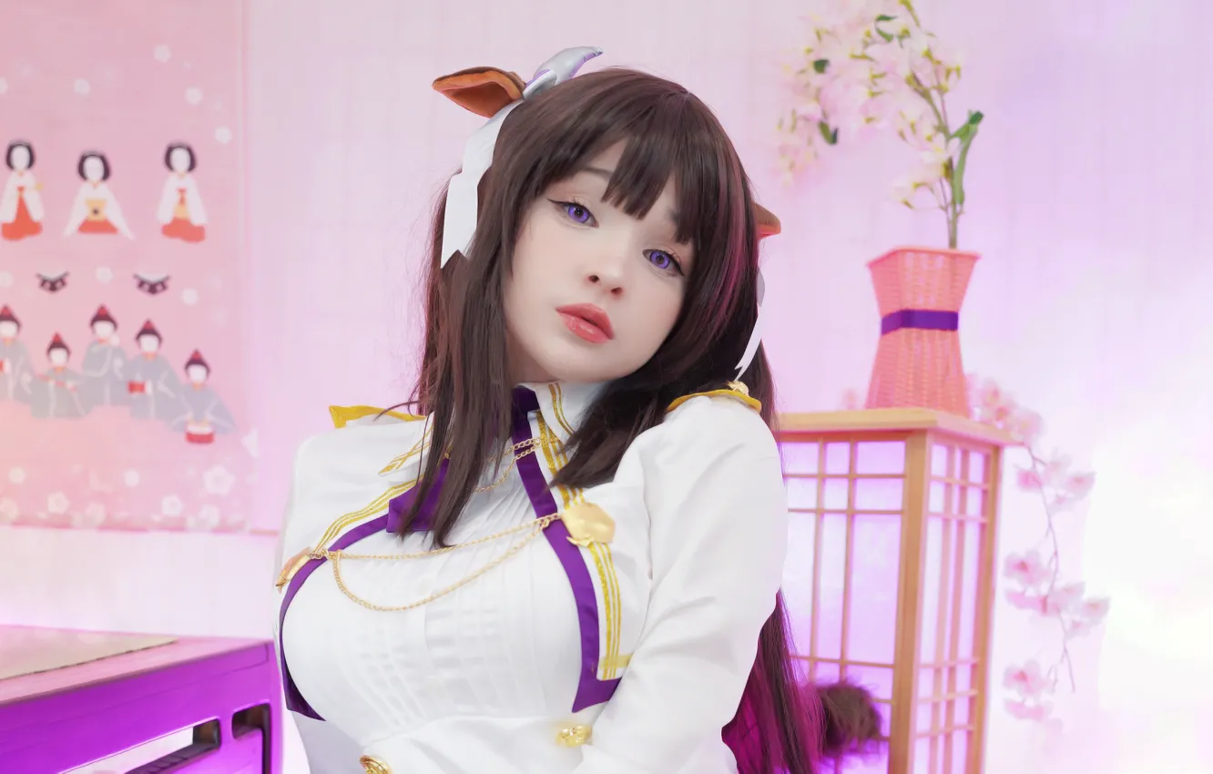 Фото обои girl, horns, long hair, brown hair, animal ears, beautiful, purple eyes, pretty