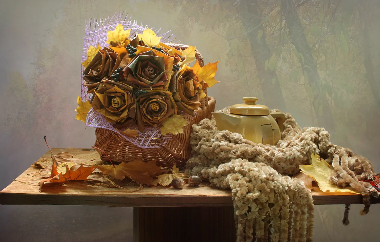 Фото обои осень, листья, октябрь, шарф, чайник, натюрморт