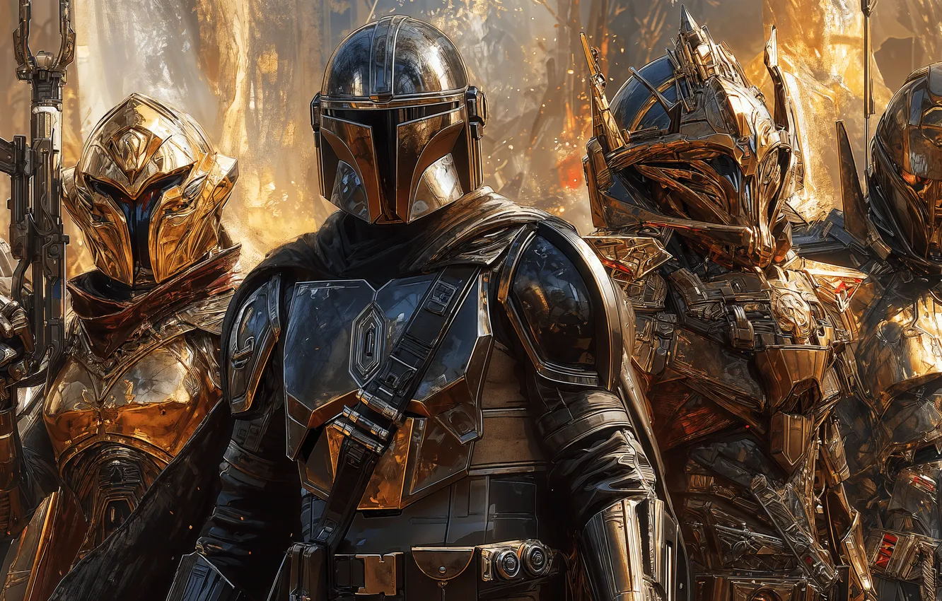 Фото обои gun, armor, digital art, warrior, ultrawide, AI art, Mandalorians, RunecasterStudio
