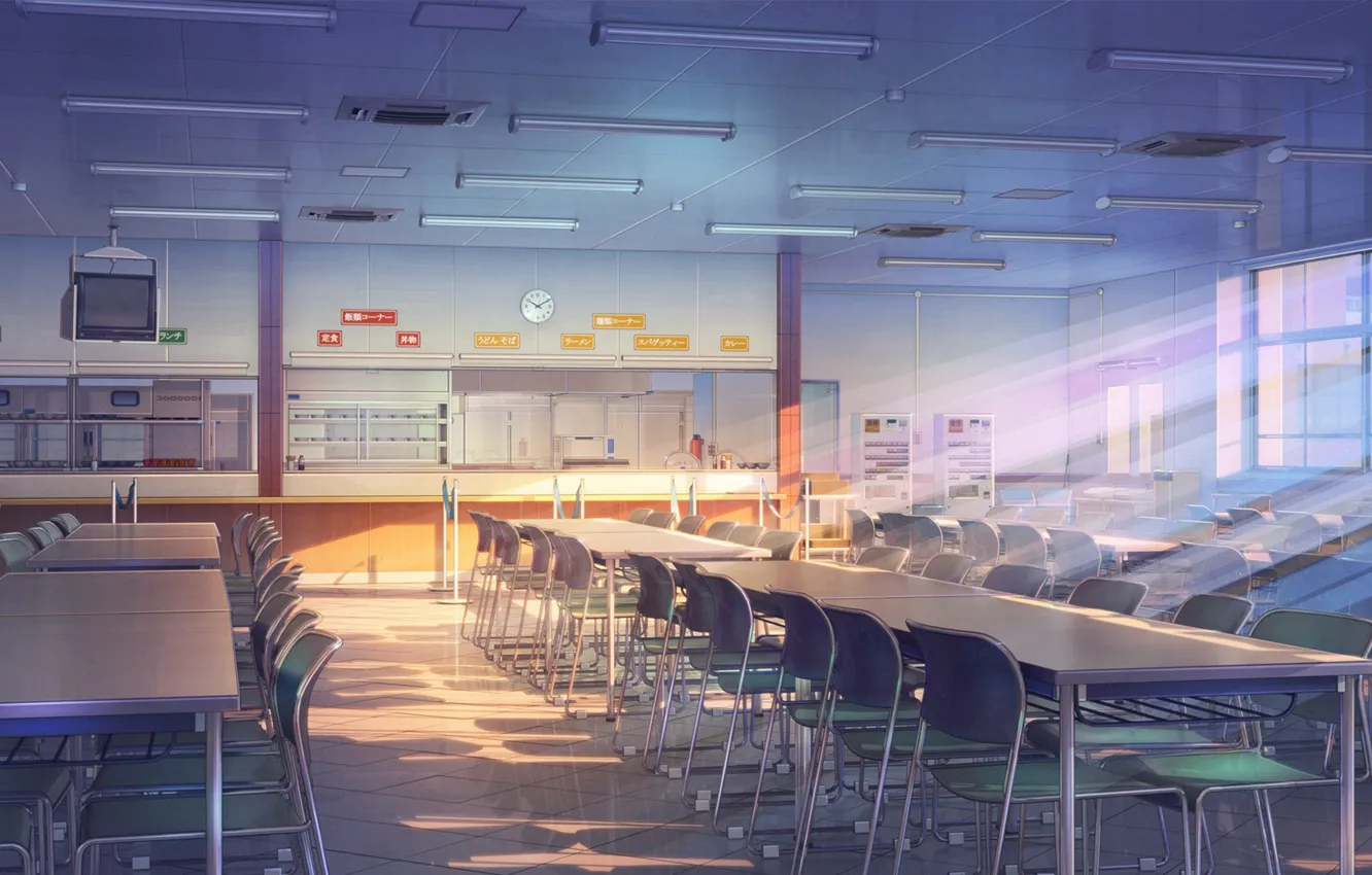 Фото обои свет, япония, окно, арт, столы, школа, кафетерий