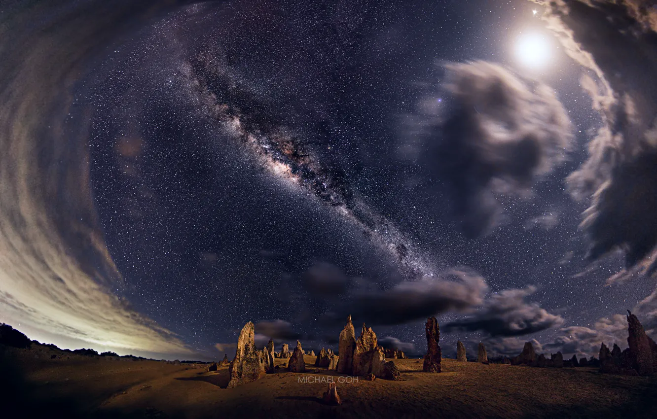 Фото обои небо, звезды, ночь, скалы, Австралия, панорама, млечный путь, западная