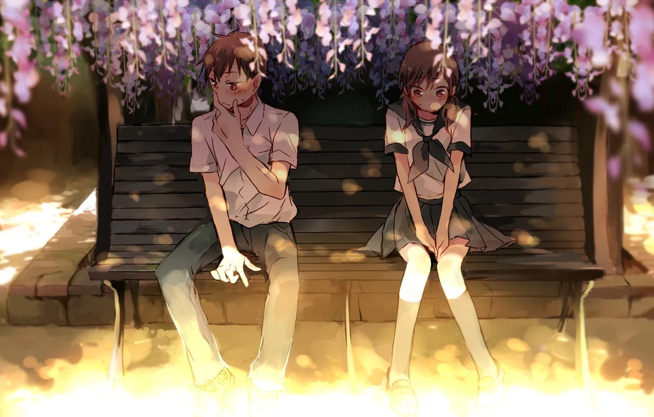 Фото обои девушка, цветы, аниме, арт, форма, парень, школьники, смущение