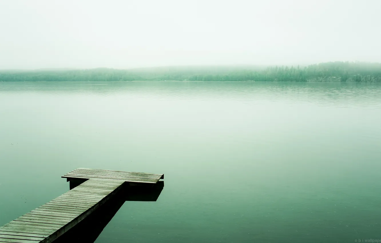 Фото обои вода, деревья, туман, озеро, берег, причал