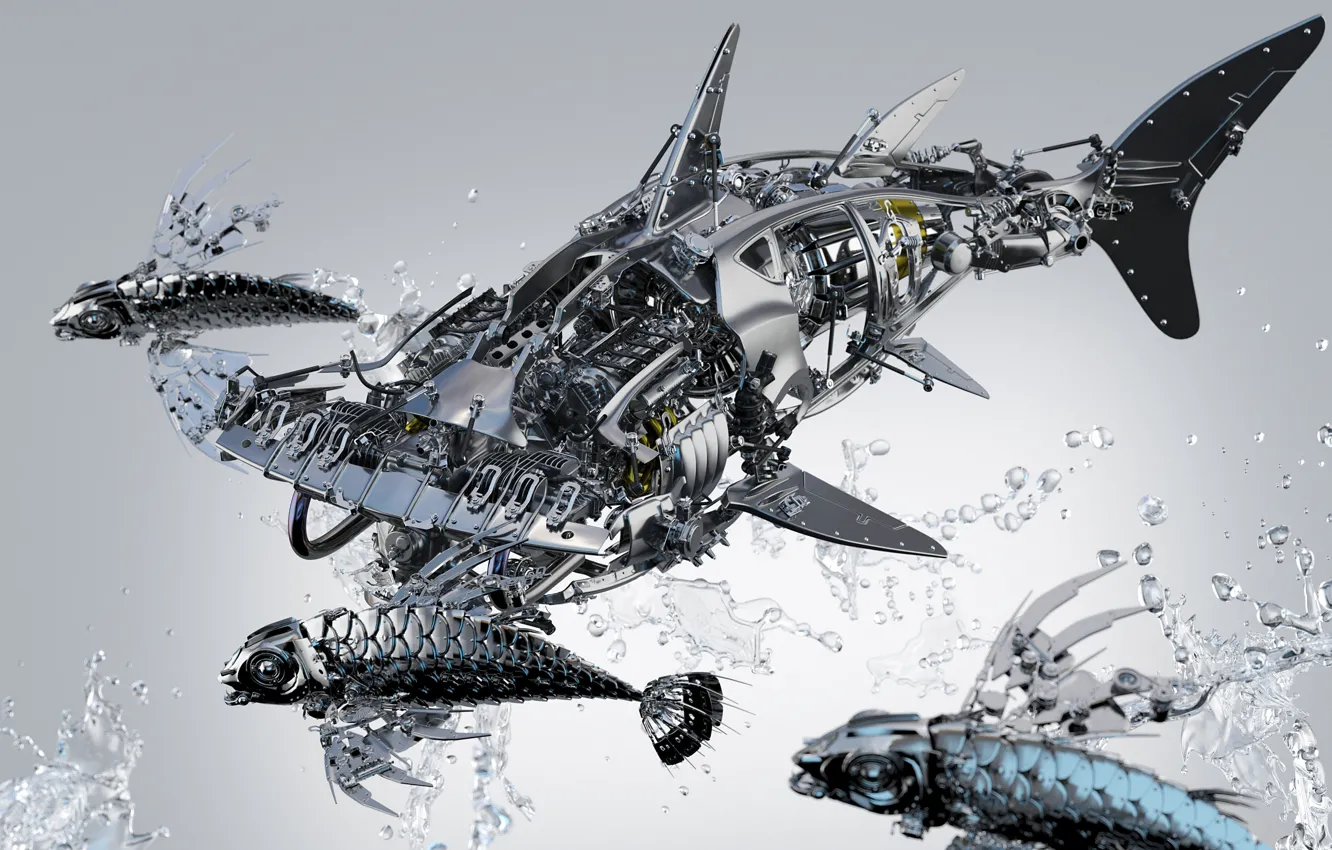 Фото обои рыбки, брызги, металл, детали, акула молот