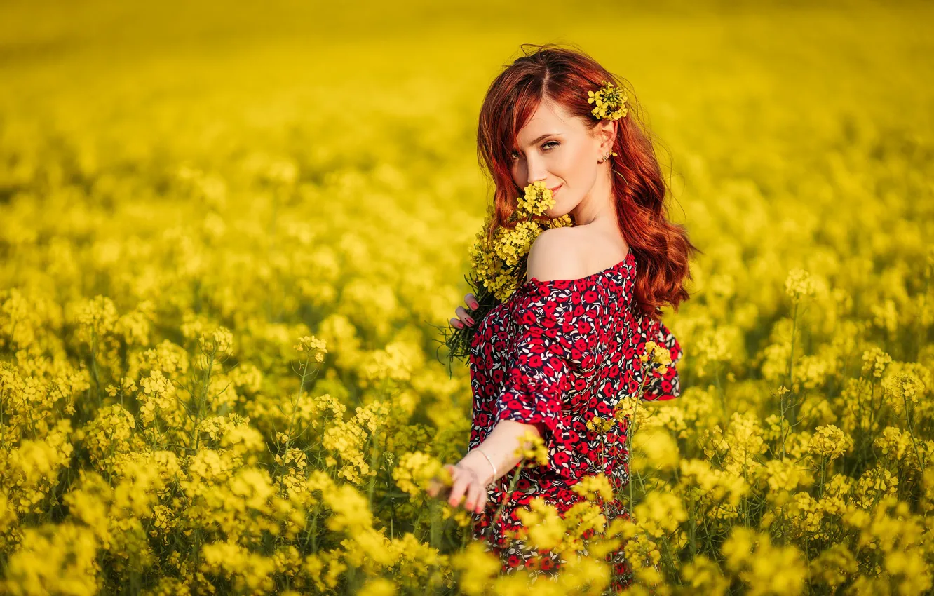 Фото обои поле, лето, взгляд, девушка, настроение, рыжая, рыжеволосая, плечо