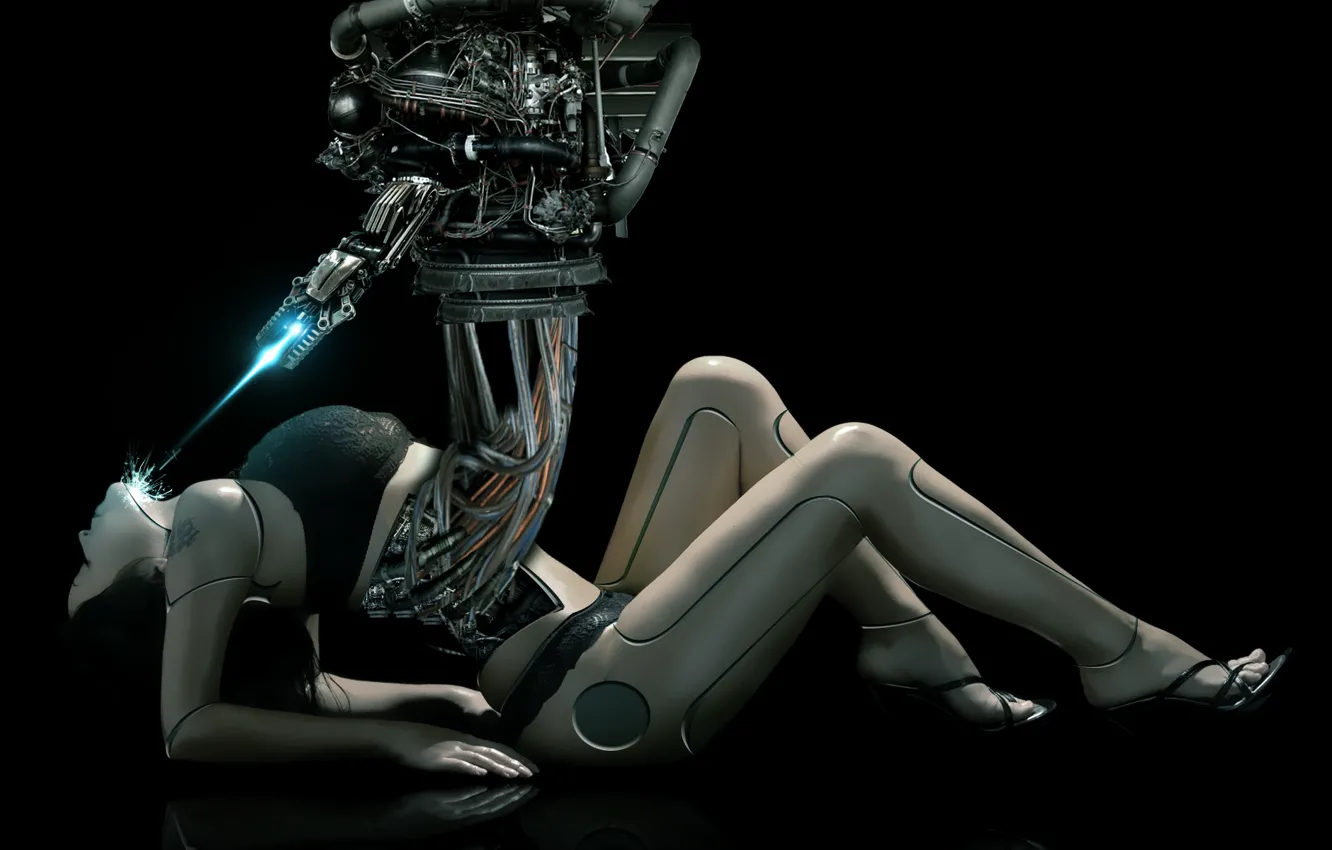Фото обои robot, cyborg, tablet, female body
