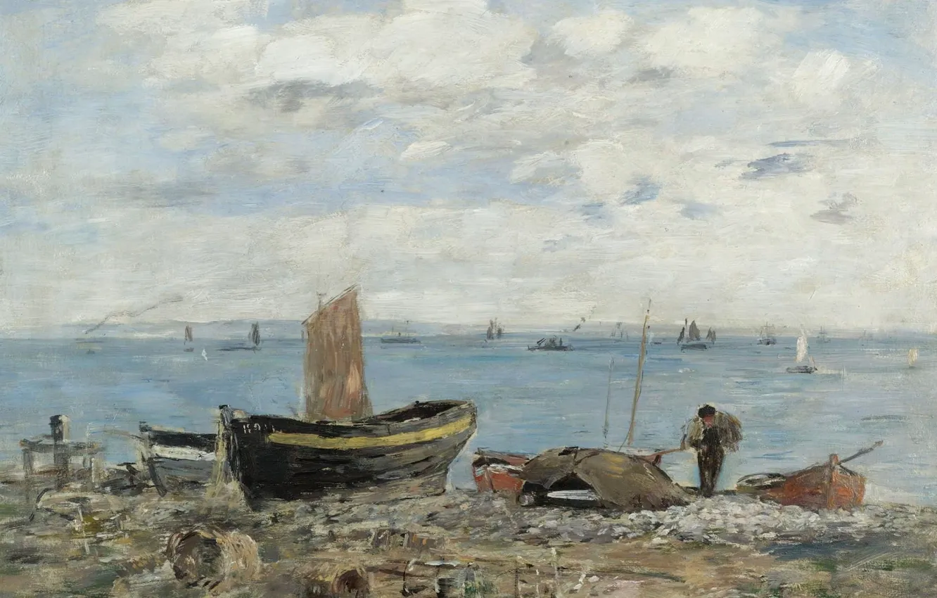 Фото обои море, пейзаж, лодка, картина, Эжен Буден, Eugene Boudin, Побережье в Сент-Адрессе