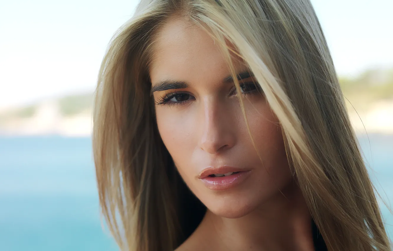 Фото обои глаза, взгляд, девушка, крупный план, лицо, волосы, блондинка, губы