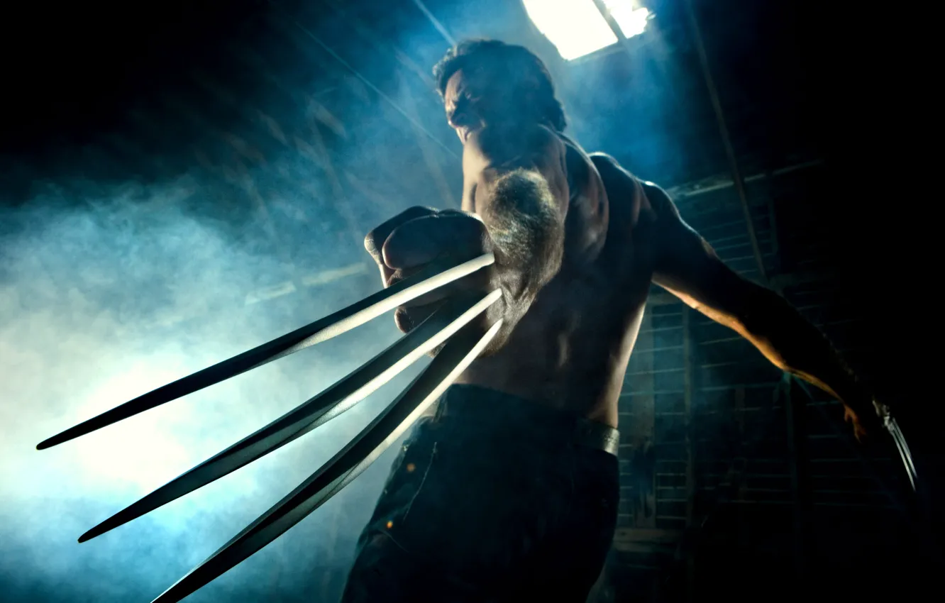 Фото обои дым, лезвия, Росомаха, Wolverine, Хью Джекмен
