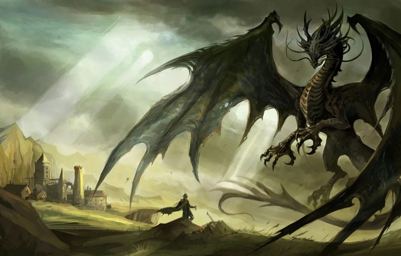 Фото обои дракон, тонах, В темных, и человек