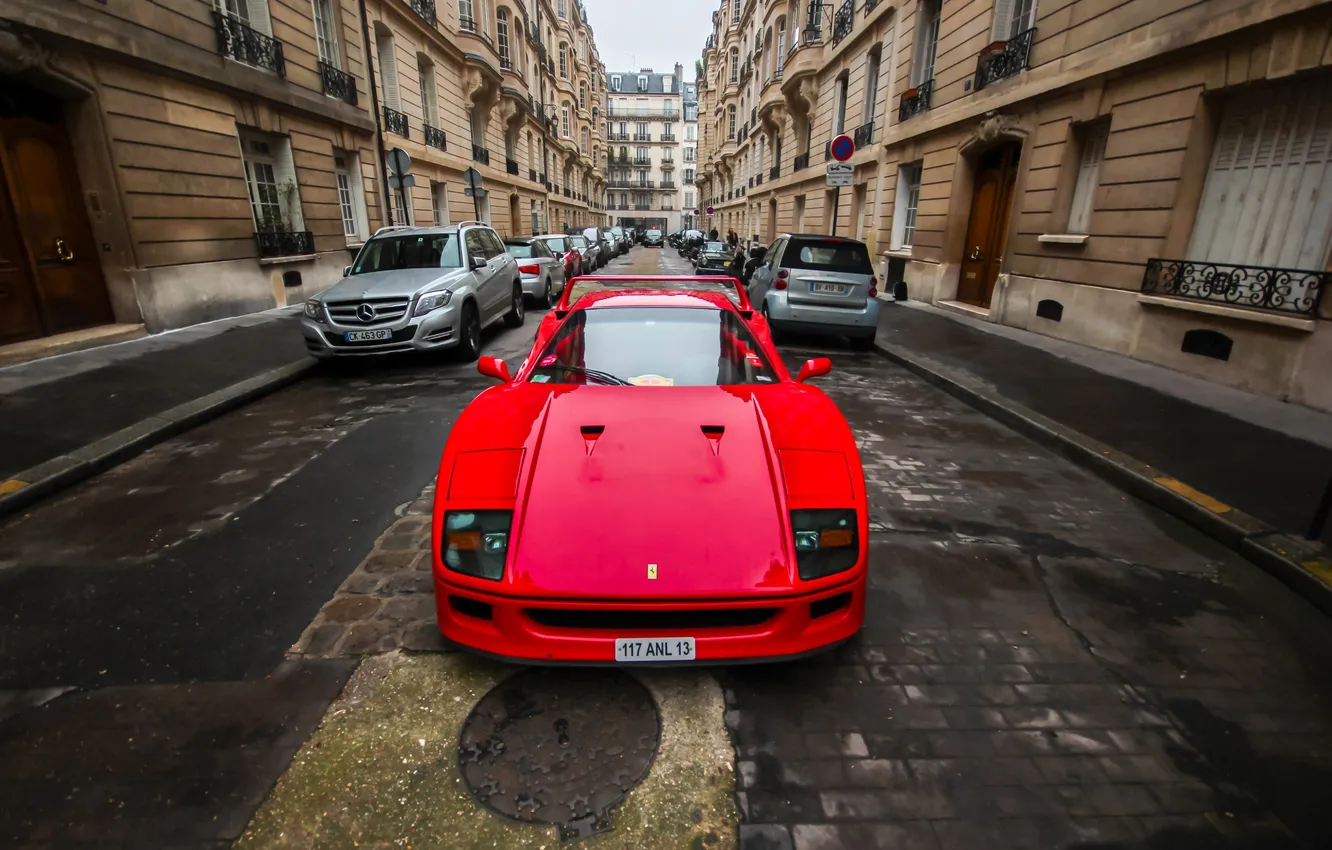 Фото обои машины, город, Ferrari, Red, F40, передок, Supercar