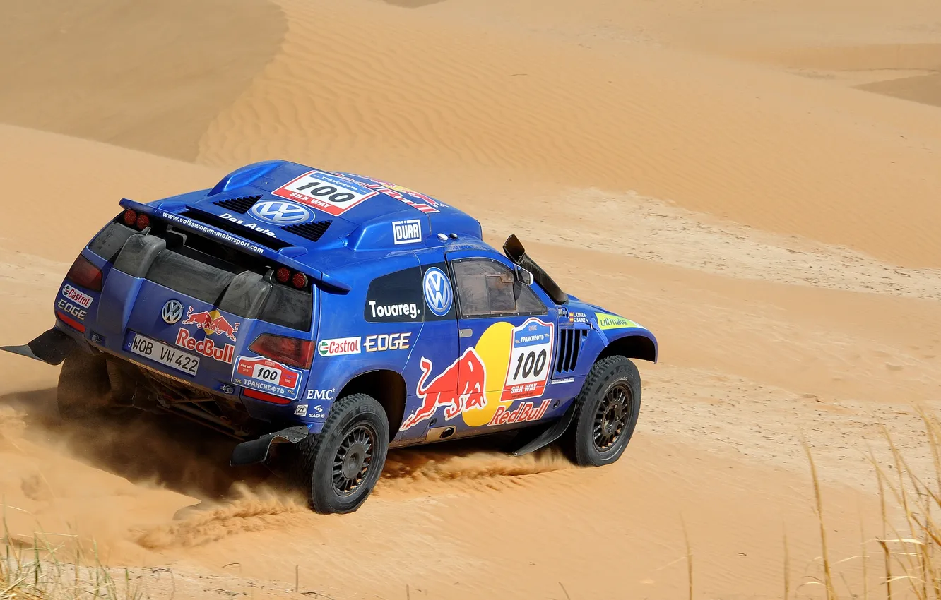 Фото обои Песок, Синий, Volkswagen, Пустыня, Red Bull, Touareg, Rally, Dakar