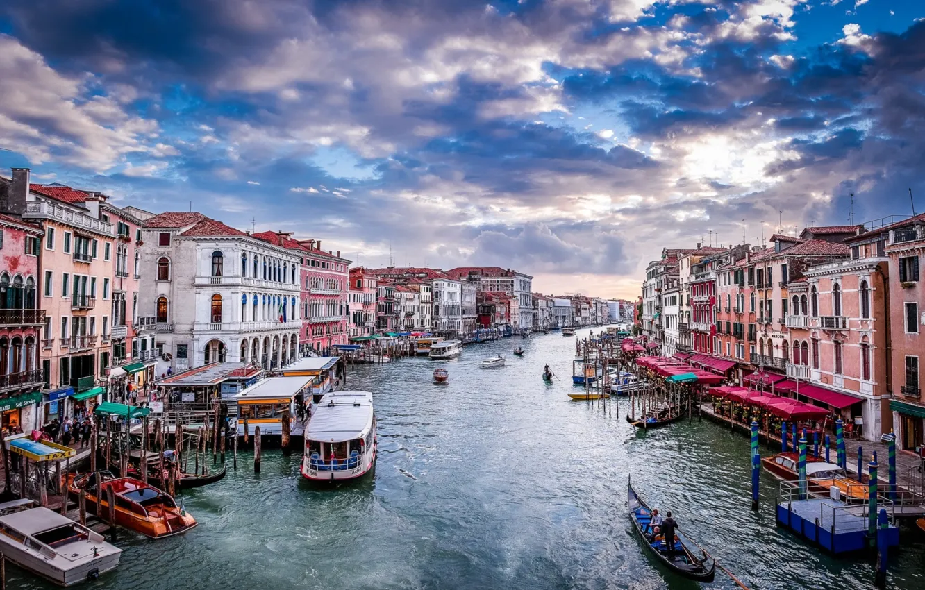 Фото обои закат, лодки, Италия, Венеция, канал, sunset, гондола, boats