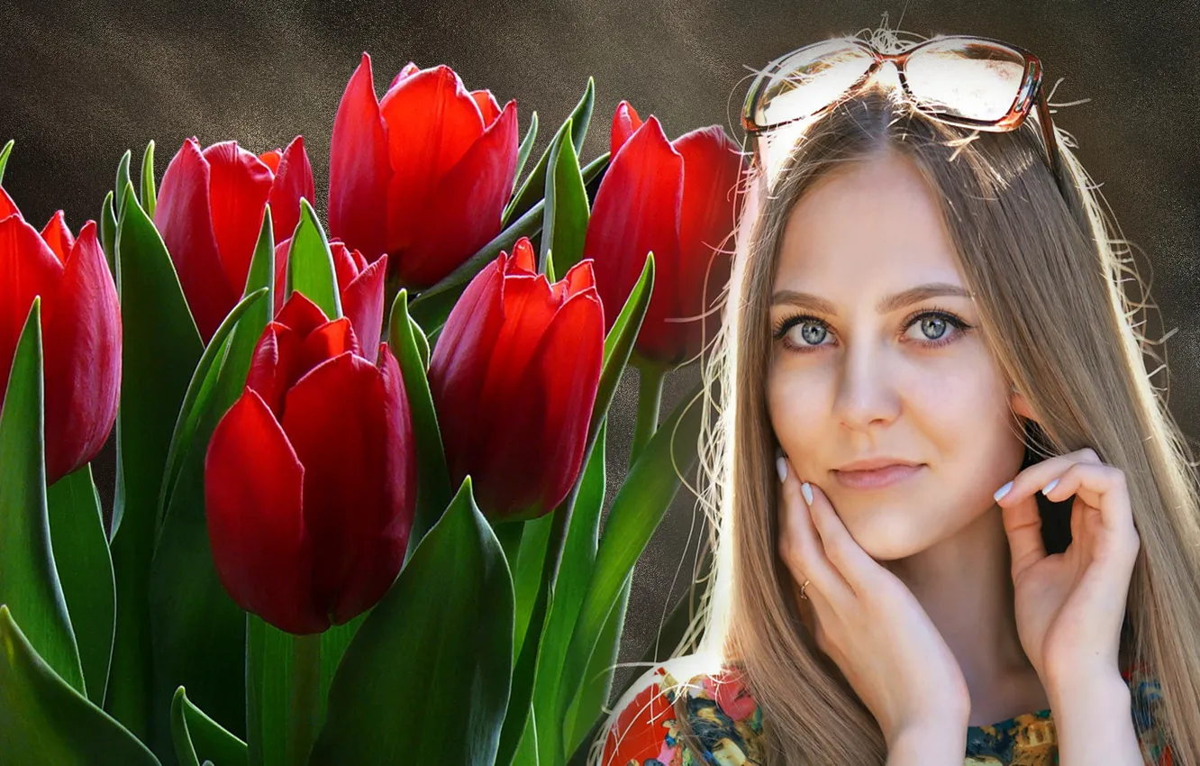 Фото обои девушка, цветы, нежность, красота, тюльпаны