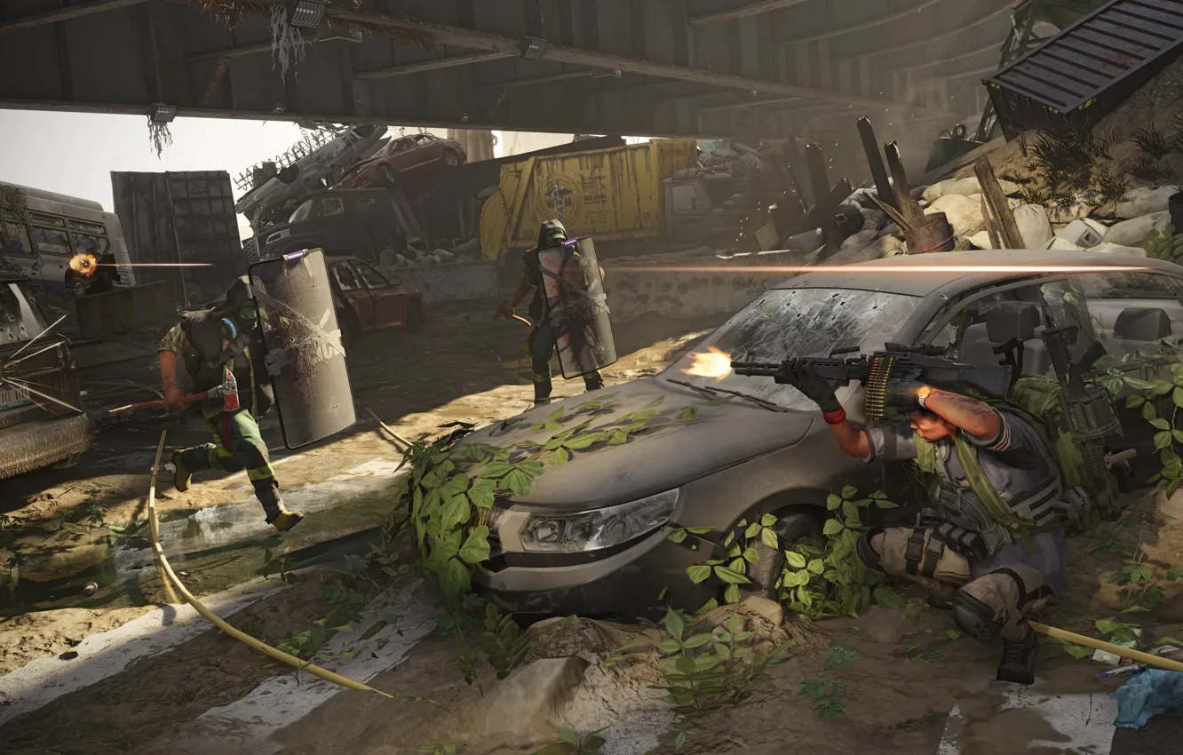 Фото обои машина, солдаты, руины, щит, перестрелка, Tom Clancy's The Division 2