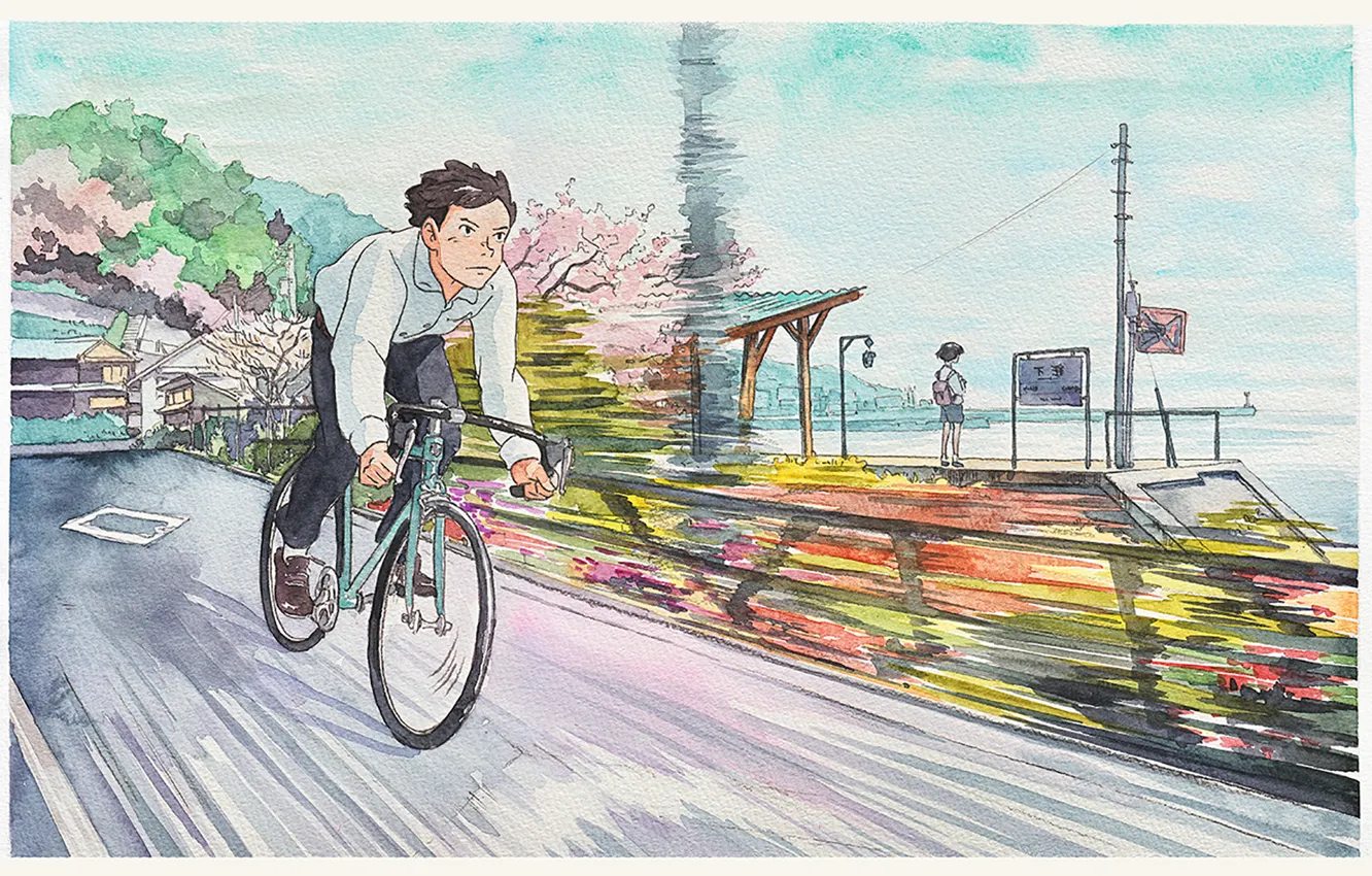 Фото обои велосипед, город, скорость, Япония, акварель