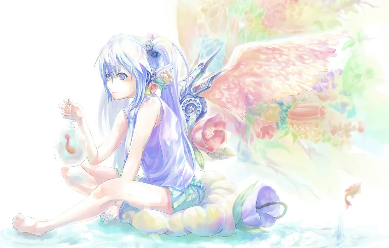 Фото обои девушка, цветы, крылья, рыбка, аниме, арт, vocaloid, hatsune miku