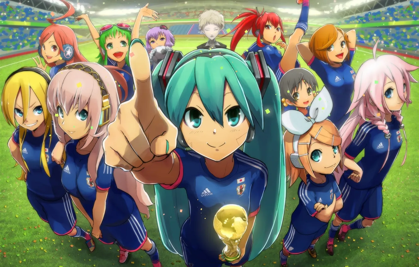 Фото обои поле, взгляд, радость, девушки, футбол, спорт, vocaloid, hatsune miku
