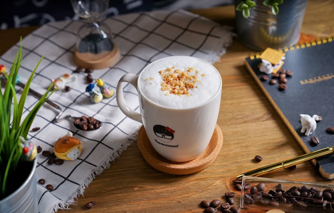 Фото обои кофе, чашка, кофейные зёрна, декор