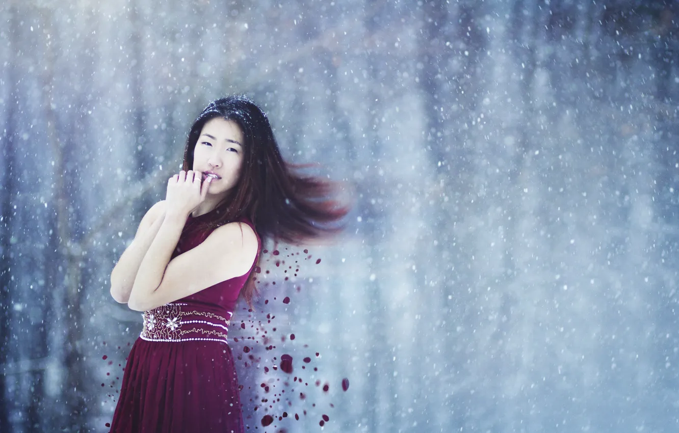 Фото обои girl, dress, winter, hair, snowing
