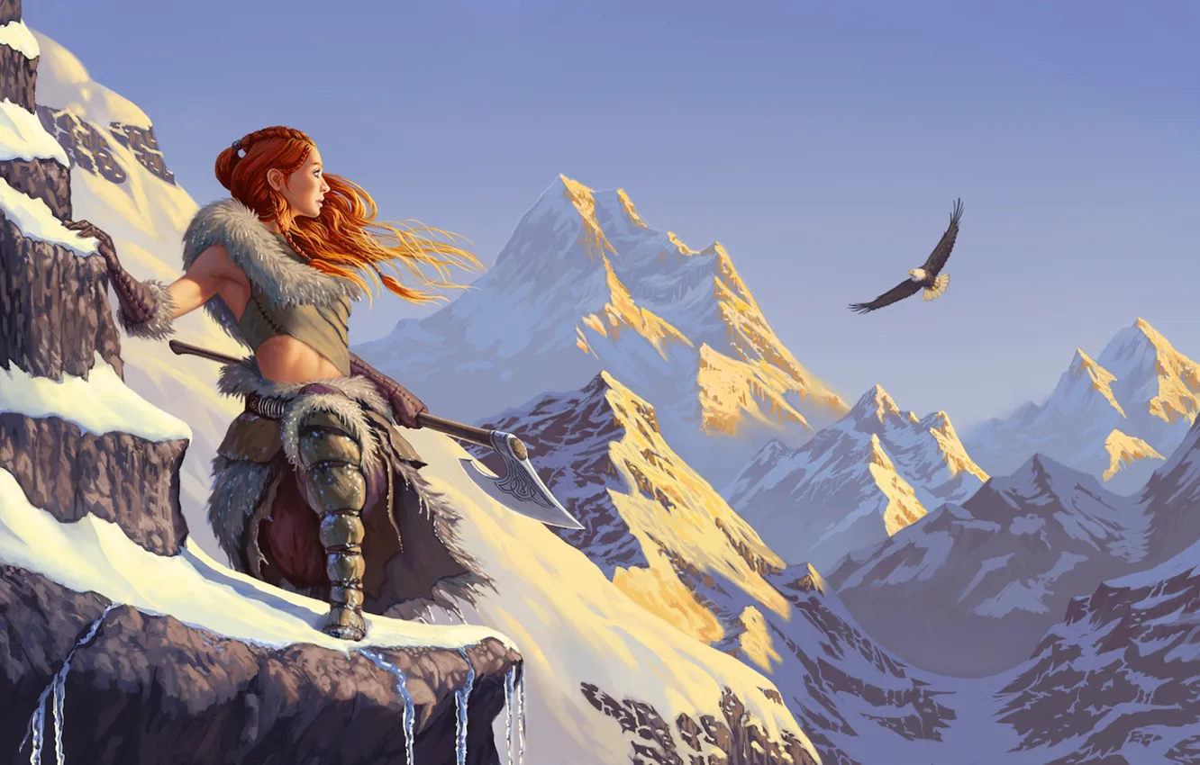 Фото обои небо, девушка, снег, горы, орел, рыжая, топор