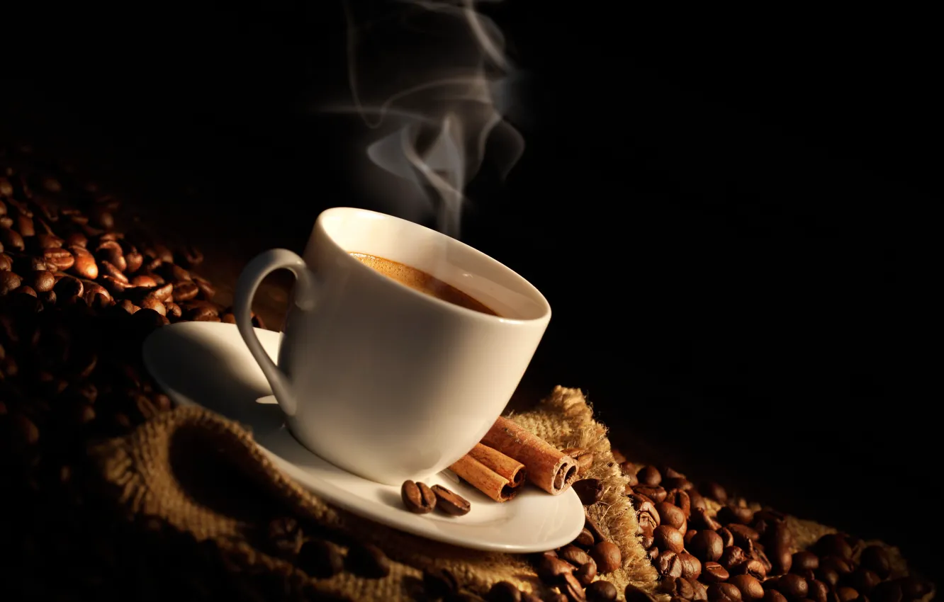 Фото обои кофе, палочки, чашка, корица, мешок, кофейные зерна, аромат, coffee
