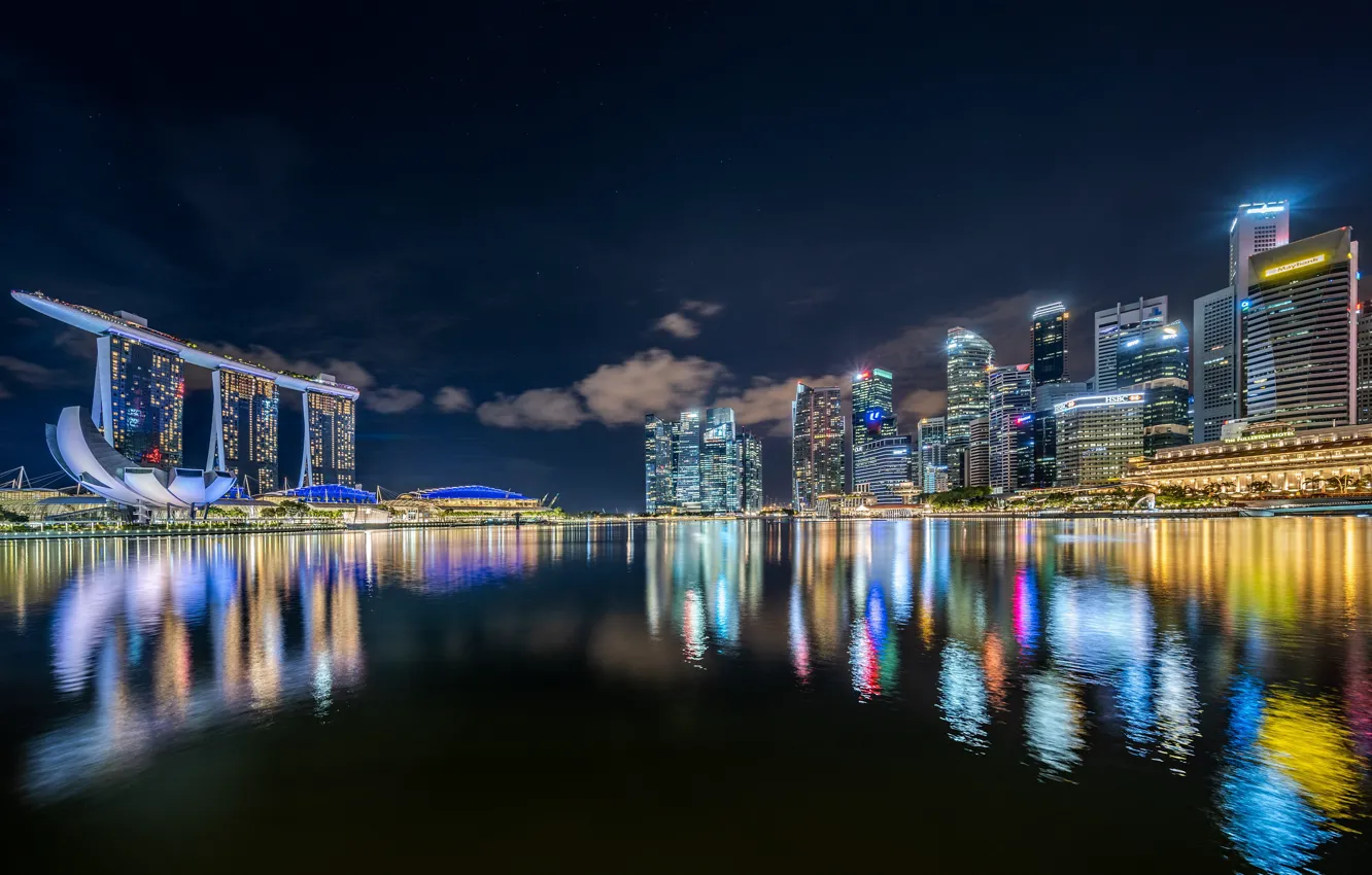 Фото обои ночь, огни, подсветка, Сингапур