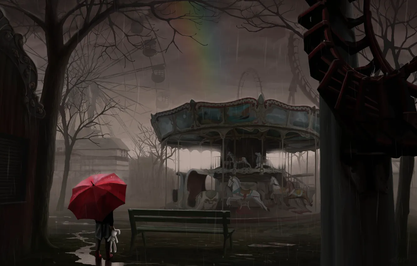 Фото обои белый, девушка, дождь, игрушка, радуга, зонт, кролик, арт