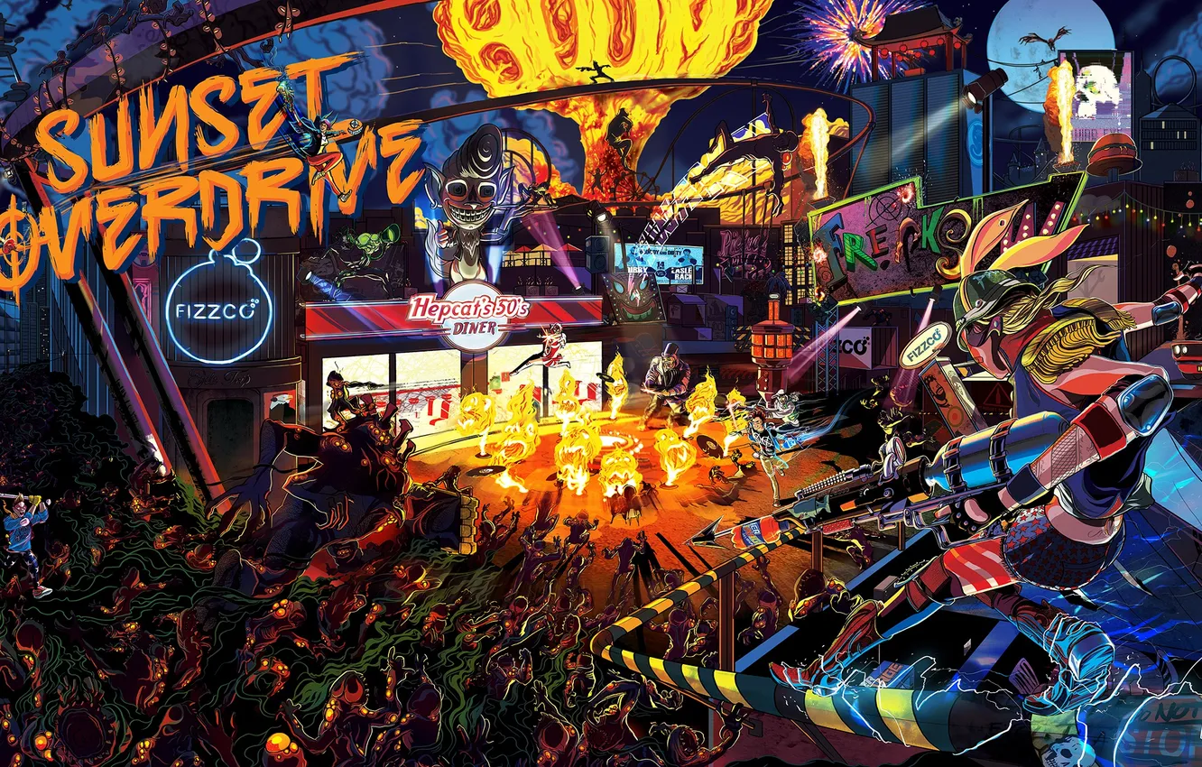 Фото обои Sunset Overdrive, Insomniac Games, Sunset City, напиток Overcharge Delirium XT, корпорации FizzCo