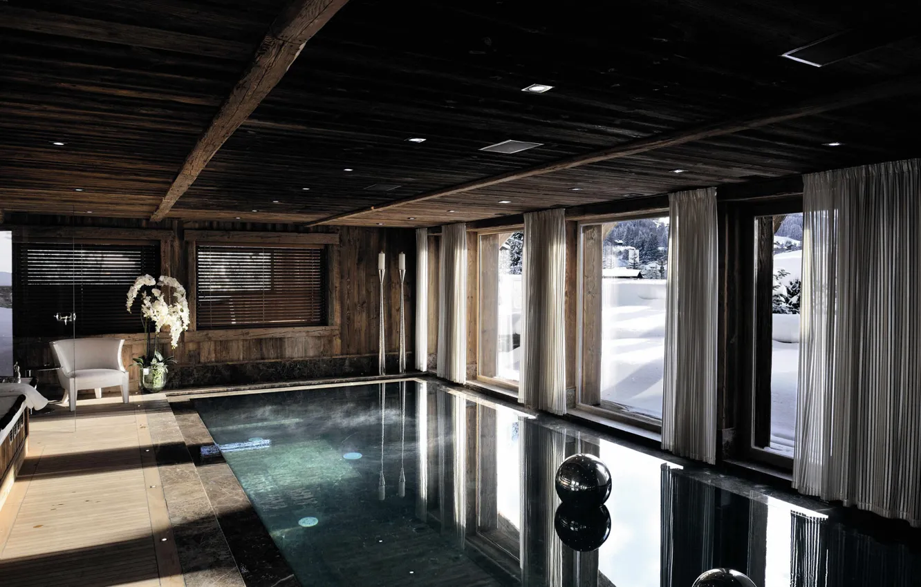 Фото обои зима, снег, дизайн, дом, интерьер, бассейн