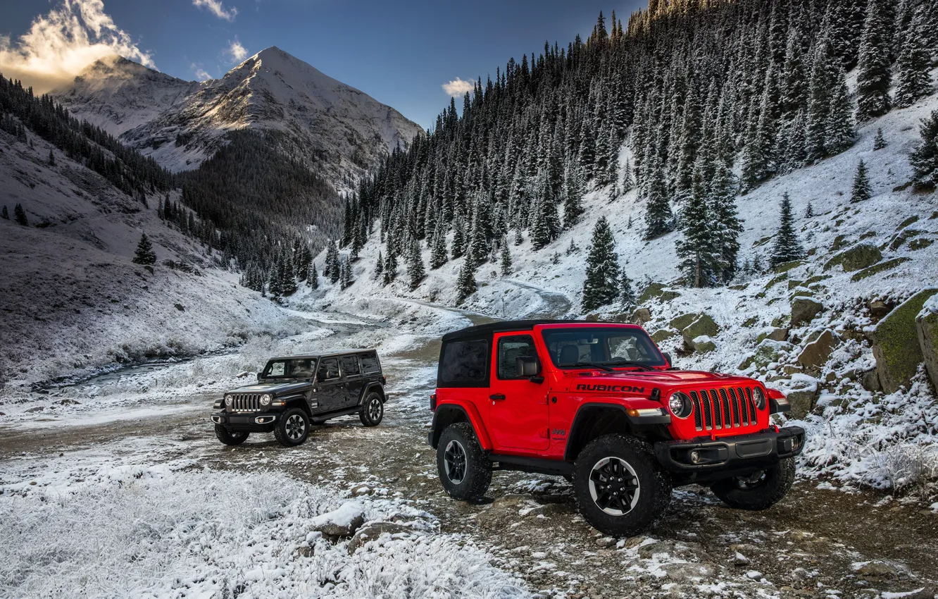 Фото обои снег, горы, красный, 2018, Jeep, тёмно-серый, Wrangler Rubicon, Wrangler Sahara