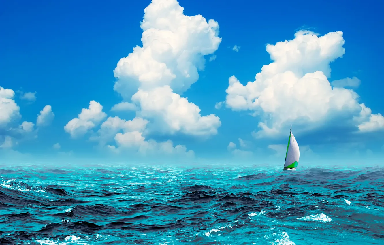 Фото обои море, волны, небо, вода, облака, синева, лодка, парусник