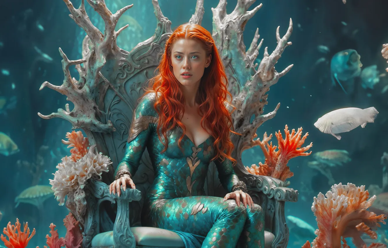 Фото обои под водой, персонаж, супергерои, DC Comics, рыжеволосая красавица, Queen Mera, фентези арт, сидя на троне