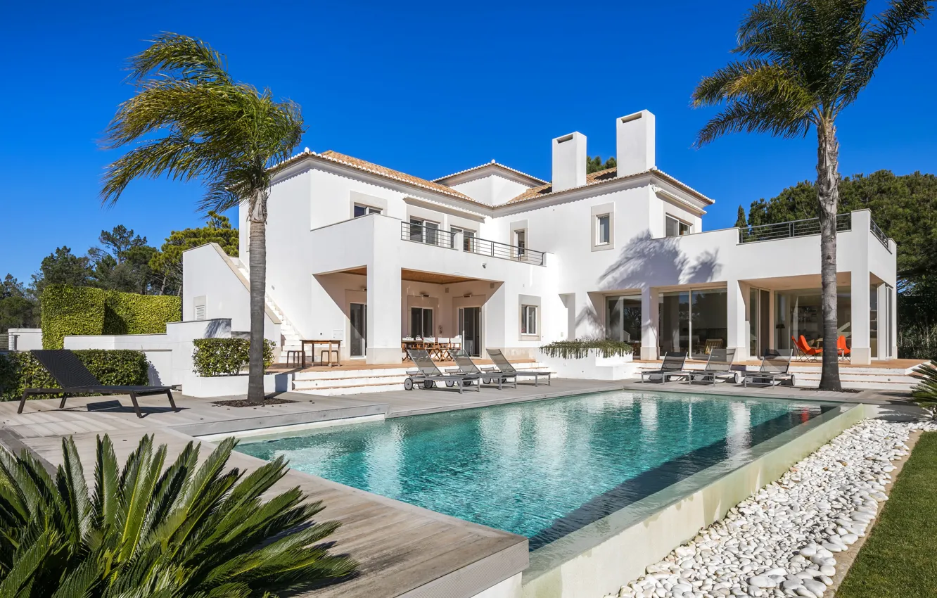 Фото обои пальмы, вилла, бассейн, Португалия, архитектура, терраса, Villa Lírio, Quinta do Lago