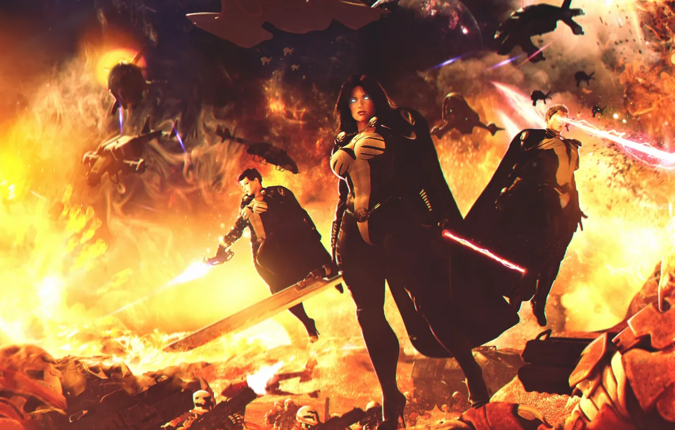 Фото обои девушки, огонь, война, меч, лазер, битва, супергерои, synestra