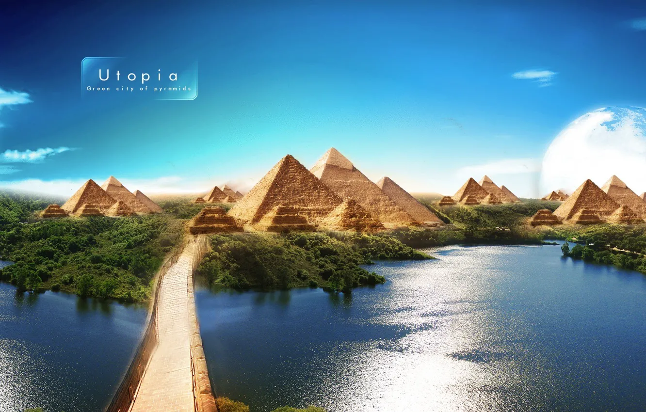 Фото обои Утопия, Канал, Пирамиды